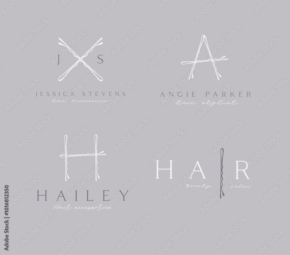 Bobby hair pins label with text collection of wave shaped hairpins in various positions drawing on grey background
