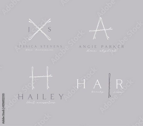 Obraz na płótnie Bobby hair pins label with text collection of wave shaped hairpins in various positions drawing on grey background w salonie