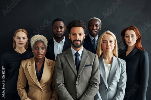 Group of diverse business people standing together in front of a black background