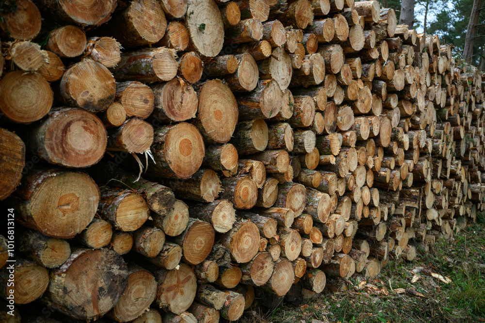 Stack of Sustainably Cut Logs: Eco-Friendly Timber Pile from Responsible Logging Practices in a Forest Environment Stack of Sustainably Cut Logs: Eco-Friendly Timber Pile from Responsible Logging Practices in a Forest Environment