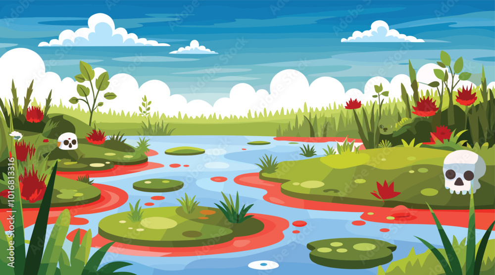 Obraz premium Mystical cartoon swamp landscape with skulls and lush vegetation