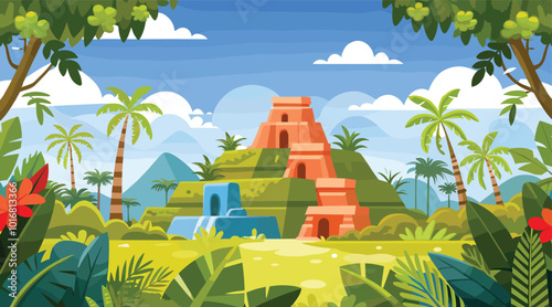 Colorful jungle scene with ancient pyramid and exotic foliage