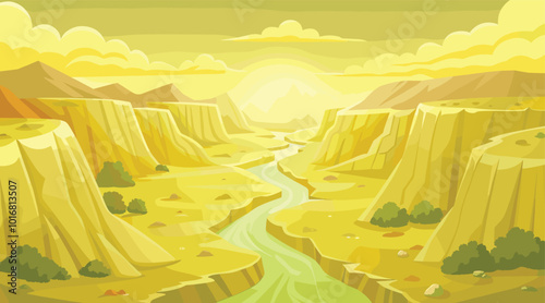 Vibrant cartoon canyon with river and sunset in warm tones