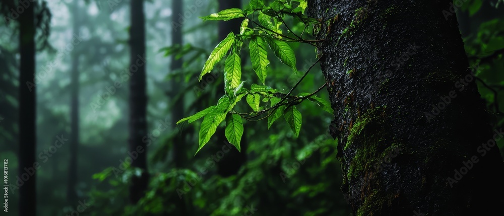 Fototapeta premium A tree in the forest, lush with numerous green leaves