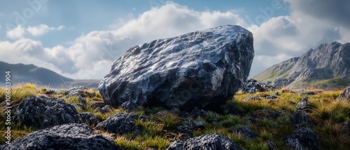  A substantial rock situates central in a meadow of green grass Mountains loom in the distance, and clouds scatter across the azure sky photo