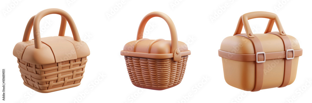 PNG 3d icons and object Stylish and modern picnic baskets in warm tan color, featuring various designs. Perfect for outdoor gatherings, these baskets combine functionality with contemporary aesthetic PNG 3d icons and object Stylish and modern picnic baskets in warm tan color, featuring various designs. Perfect for outdoor gatherings, these baskets combine functionality with contemporary aesthetic
