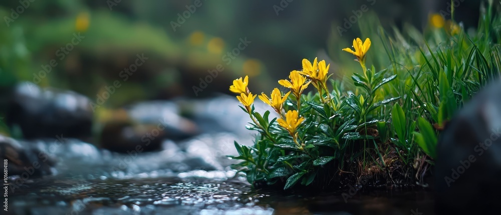 A yellow flower cluster sits atop a verdant green field, adjacent to a teeming river A yellow flower cluster sits atop a verdant green field, adjacent to a teeming river