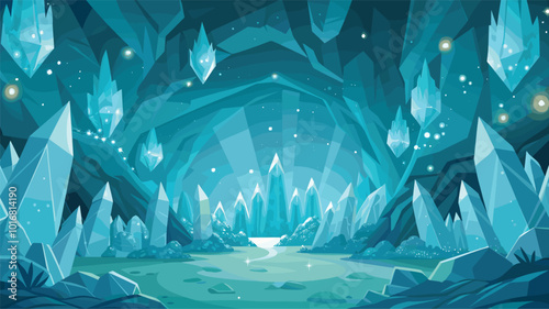 Futuristic crystal cave with glowing blue gemstones in fantasy landscape