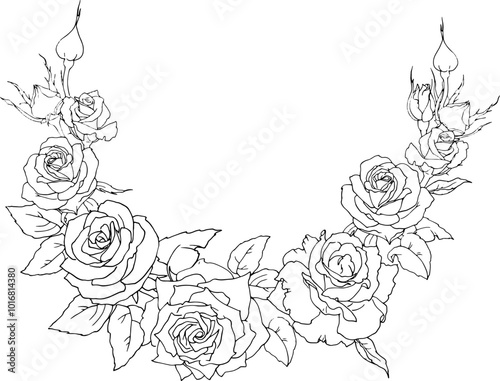 Frame of roses. Graphic image of a semicircle of roses for the design and printing of postcards, invitations to weddings, anniversaries. For packaging and labels of perfumes and other women's products