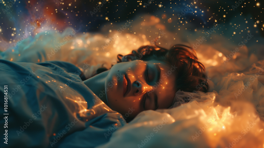 Ethereal scene of a person resting in soft fabrics, surrounded by golden sparkles and cosmic ambiance. Dreamy atmosphere evokes fantasy, imagination, and transcendence Ethereal scene of a person resting in soft fabrics, surrounded by golden sparkles and cosmic ambiance. Dreamy atmosphere evokes fantasy, imagination, and transcendence