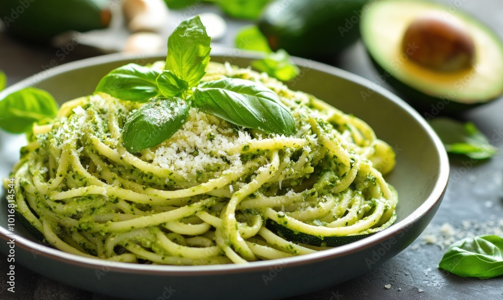 A plate of spaghetti with avocado pesto, garnished with basil and parmesan cheese.