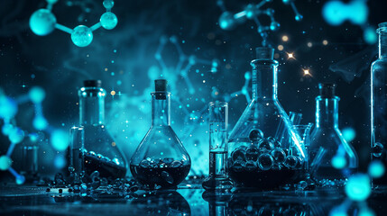Mystical chemistry scene with glowing molecules and magical-looking potions. Ethereal laboratory setup showcasing the beauty and mystery of scientific exploration and molecular structures.