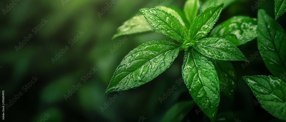 A tight shot of a green plant with wet leaves and indistinct background A tight shot of a green plant with wet leaves and indistinct background