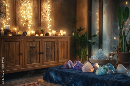 crystal healing practices, zen living room with healing stones on velvet cloth atop wooden cabinet, soft lighting, serene decor, and space for text photo