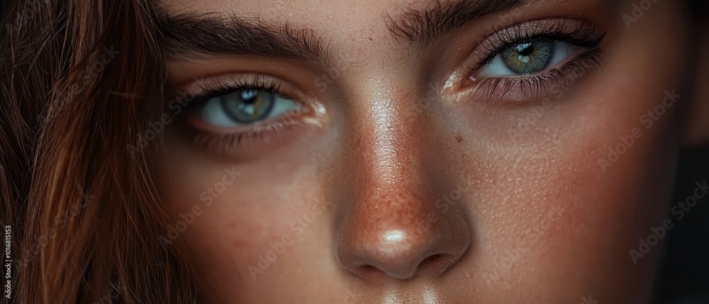 A tight shot of a woman's face adorned with numerous freckles and blue eyes A tight shot of a woman's face adorned with numerous freckles and blue eyes