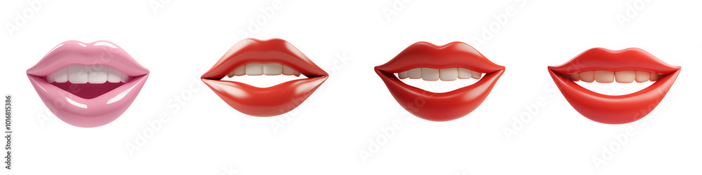 Fototapeta premium PNG 3d icons and object Lips in various shades and styles showcase beauty and expression. vibrant colors and glossy finishes highlight allure of different lip looks, perfect for makeup inspiration