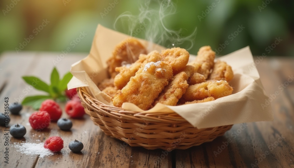 Golden Fried Banana Fritters in Rustic Basket Outdoors Golden Fried Banana Fritters in Rustic Basket Outdoors