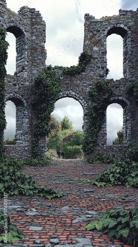 Ruins: a tranquil garden leads through a Gothic archway photo