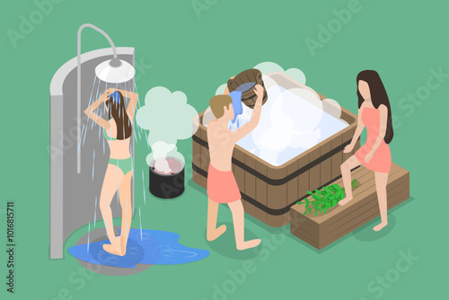 3D Isometric Flat Vector Illustration of Public Sauna, Wellness Spa Treatment