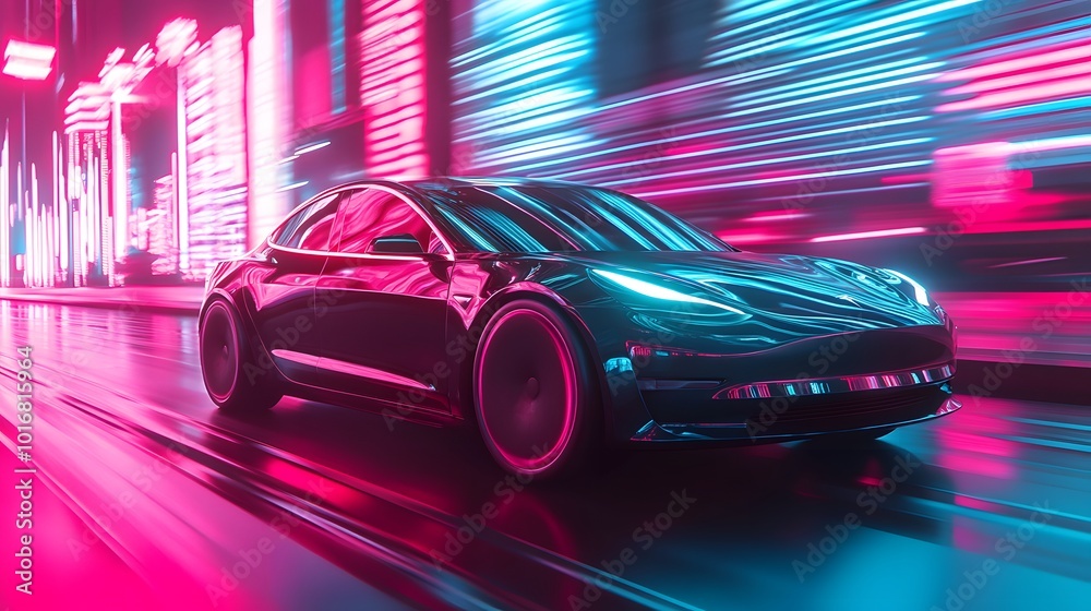 black futuristic electric car very fast driving in sci fi sity, town. Concept of future. 3d rendering. black futuristic electric car very fast driving in sci fi sity, town. Concept of future. 3d rendering.