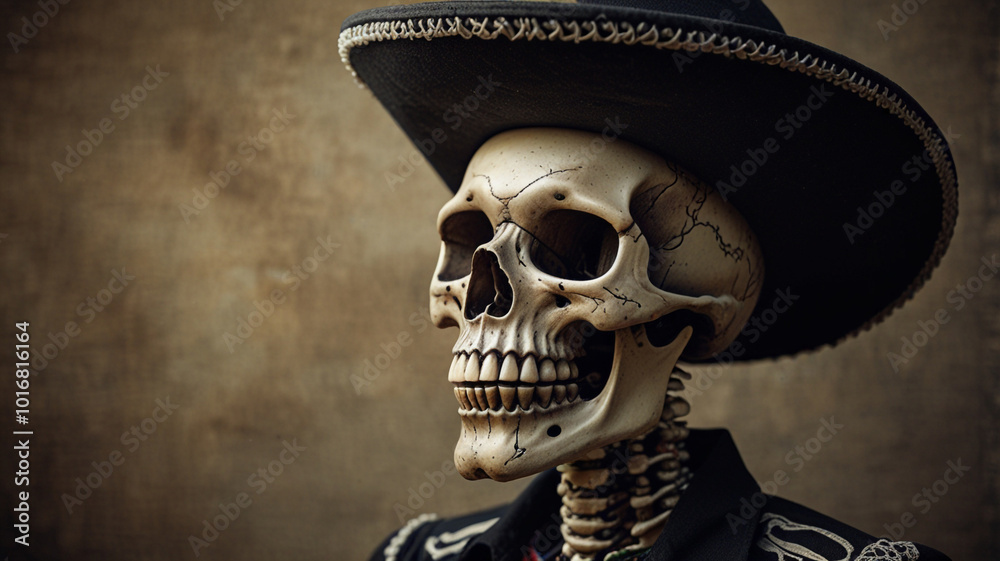 Funny Skeleton Wearing Sombrero with Lightning Background Funny Skeleton Wearing Sombrero with Lightning Background