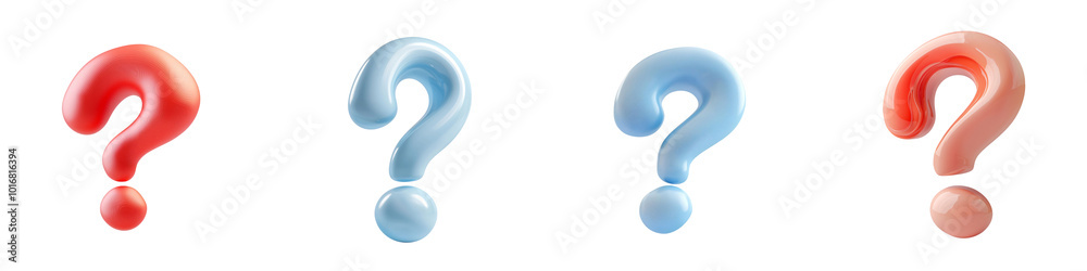 Naklejka premium PNG 3d icons and object Colorful question marks in red, blue, and pink, representing curiosity and inquiry. These vibrant symbols can be used in various contexts, such as education, communication
