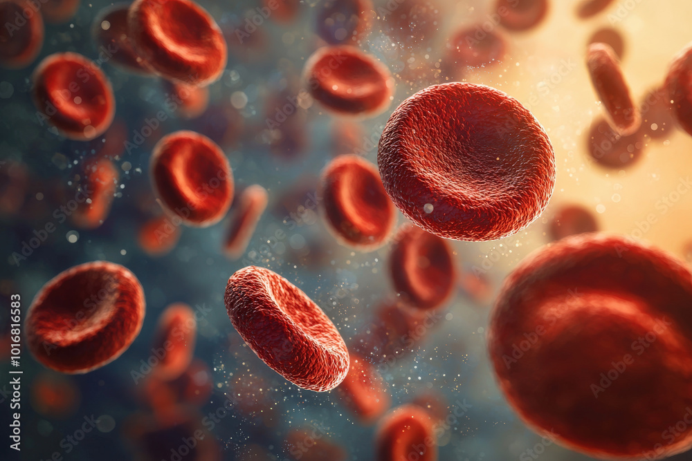 Red blood cells are depicted in this medical illustration, showcasing their intricate structure and movement through vibrant background. image captures essence of life and vitality Red blood cells are depicted in this medical illustration, showcasing their intricate structure and movement through vibrant background. image captures essence of life and vitality