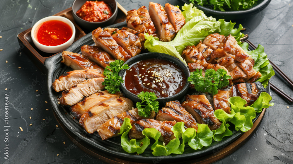 Korean BBQ platter with grilled meats and fresh lettuce, served with dipping sauces. Ideal for Korean food concepts and traditional Asian barbecue displays. Korean BBQ platter with grilled meats and fresh lettuce, served with dipping sauces. Ideal for Korean food concepts and traditional Asian barbecue displays.