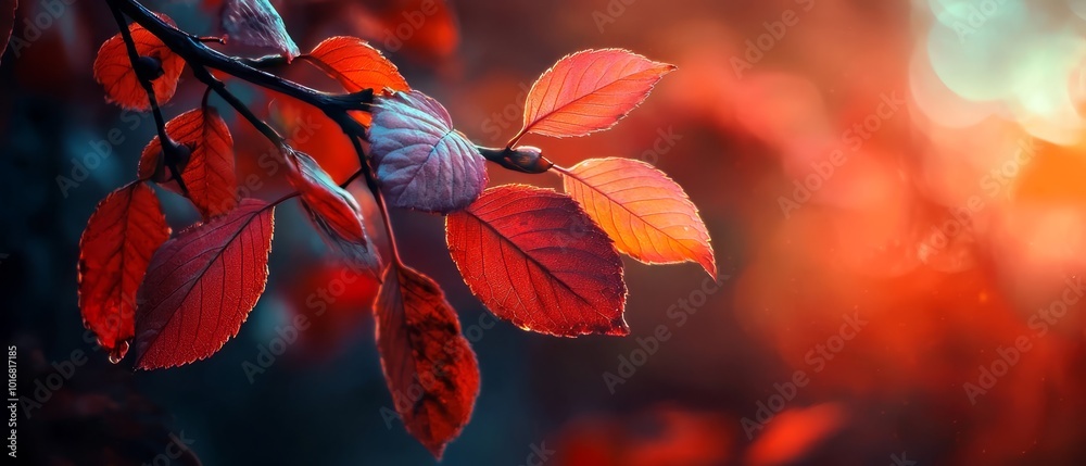 A red-and-yellow branch against a blurred backdrop of similar leaves A red-and-yellow branch against a blurred backdrop of similar leaves