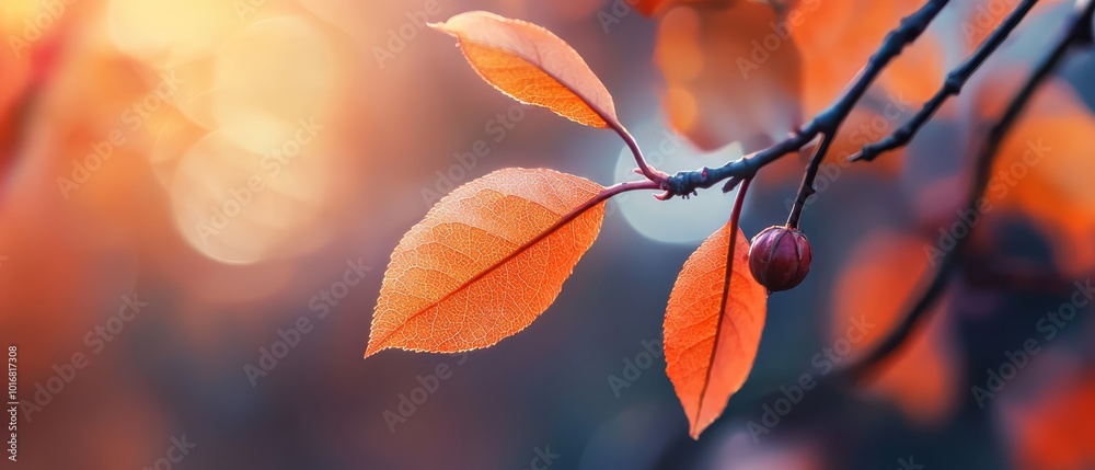 A tight shot of a tree branch adorned with orange leaves and scarlet berries A tight shot of a tree branch adorned with orange leaves and scarlet berries