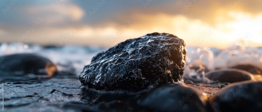 A rock perched atop a sandy beach, adjacent to a body of water and a cloud-strewn sky A rock perched atop a sandy beach, adjacent to a body of water and a cloud-strewn sky