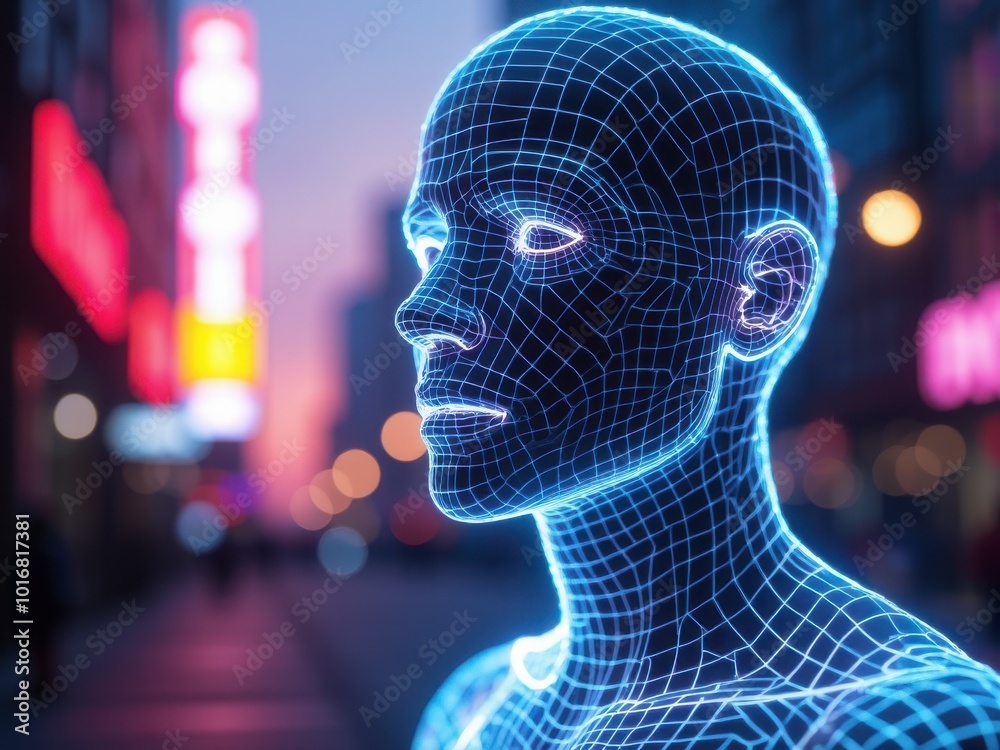 Futuristic Wireframe Human Silhouette Against Neon City Lights Futuristic Wireframe Human Silhouette Against Neon City Lights