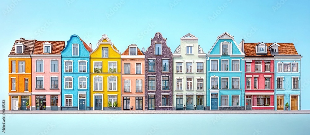 Colorful Houses Row in Blue Sky