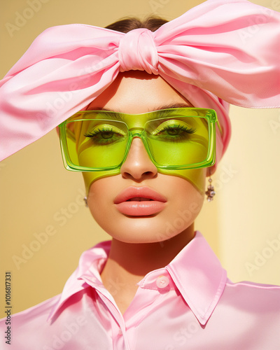 A woman with a bright pink bow and green-tinted sunglasses poses against a vibrant yellow backdrop. Energetic and youthful fashion look with a playful edge.