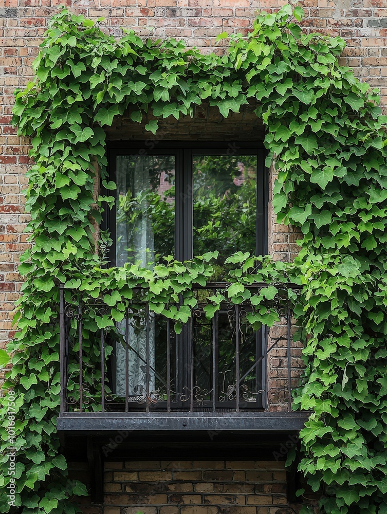Green Ivy Growing on Brick Wall with Window and Balcony Green Ivy Growing on Brick Wall with Window and Balcony