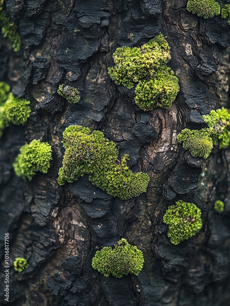 Green Moss Growing on Tree Bark Close Up