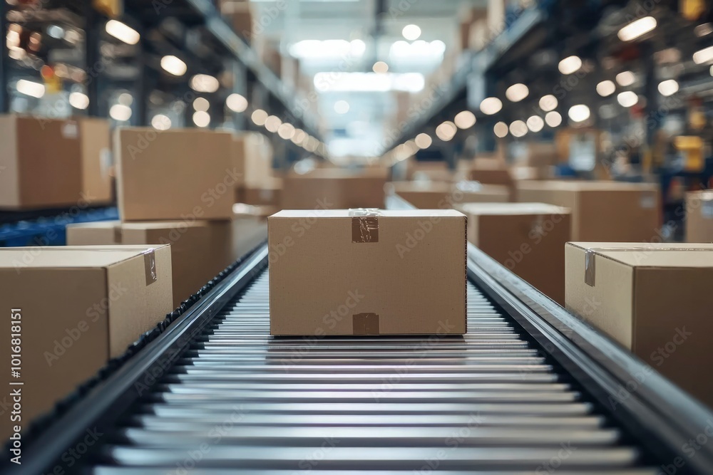 Cardboard Boxes Moving on a Conveyor Belt in a Warehouse Cardboard Boxes Moving on a Conveyor Belt in a Warehouse