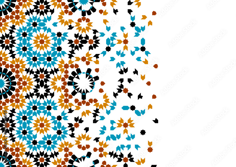 Geometric pattern in Moroccan style zellij. Disintegration effect. Islamic Mosaic Design. Geometric pattern in Moroccan style zellij. Disintegration effect. Islamic Mosaic Design.