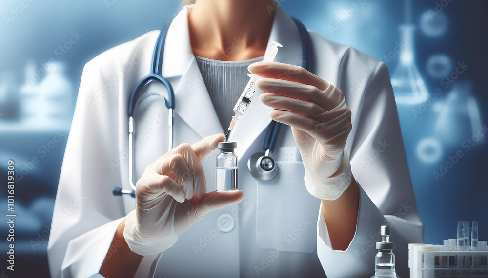 Doctor drawing vaccine from vial, symbolizing medical innovation and healthcare in a sterile environment. Doctor drawing vaccine from vial, symbolizing medical innovation and healthcare in a sterile environment.