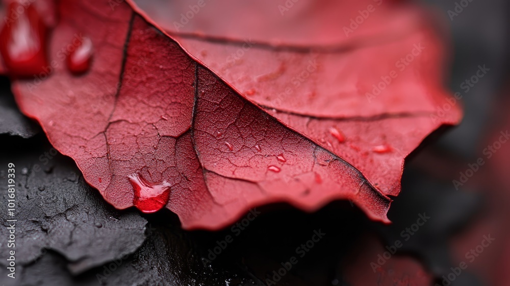 Fototapeta premium A close-up of a red leaf with water drops on its surface