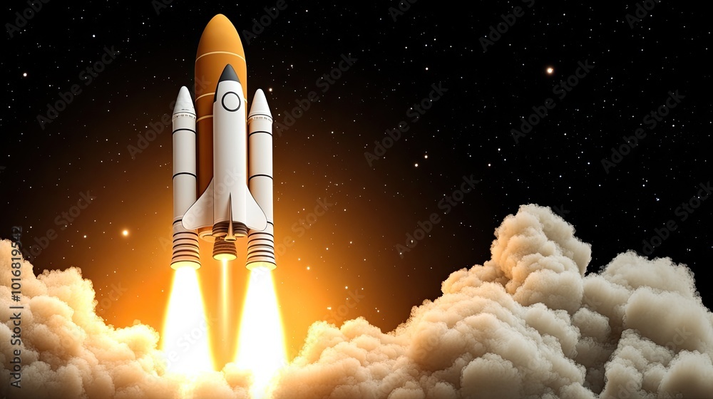 A breathtaking display unfolds as a group of rockets take to the skies, surrounded by billowing clouds of smoke and dust