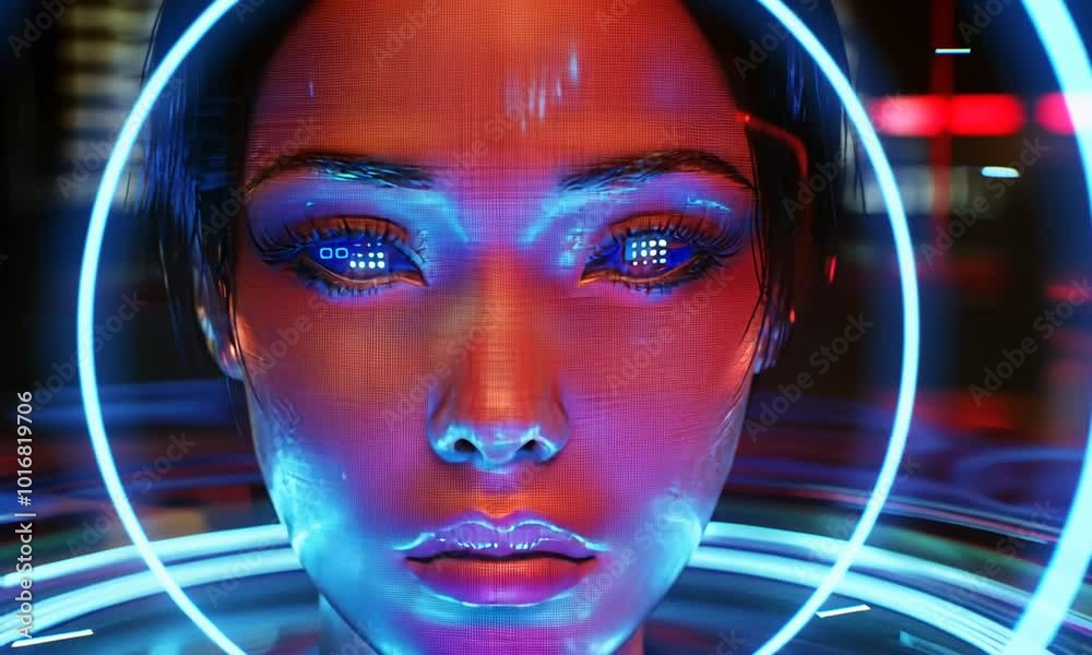 3d holographic image, lady's face and eyes getting scanned by ai. head decoration. retro futuristic technology, ai generated