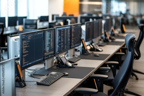 High-tech call center office, with employees surrounded by screens and modern communication tools