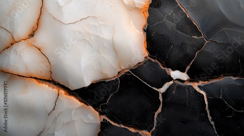  A tight shot of a black-and-white split surface, displaying a central crack and a white mark in its midpoint