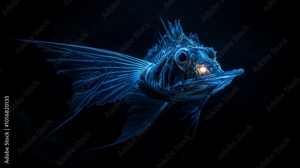 A deep-sea anglerfish showcasing its bioluminescent lure in the dark depths. The eerie yet fascinating appearance of this creature captivates viewers, highlighting the mysteries of deep-sea life. A deep-sea anglerfish showcasing its bioluminescent lure in the dark depths. The eerie yet fascinating appearance of this creature captivates viewers, highlighting the mysteries of deep-sea life.