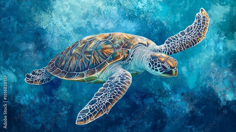 Obraz premium A curious sea turtle gliding through the deep ocean, its shell adorned with unique patterns. The serene expression of the turtle and the surrounding blue water create a tranquil underwater atmosphere.