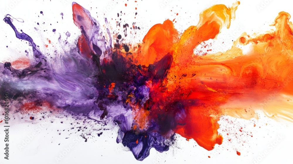 A dramatic explosion of fiery red, orange, and purple paint splashes on a clean white background, creating an intense, visually captivating scene of abstract color and movement. A dramatic explosion of fiery red, orange, and purple paint splashes on a clean white background, creating an intense, visually captivating scene of abstract color and movement.