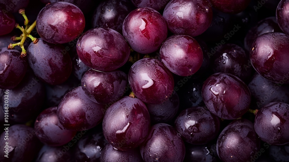 Fototapeta premium A bunch of grapes resting atop water droplets, stacked beneath them