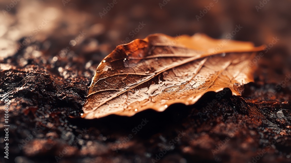 A macro shot of a wet leaf, featuring water droplets on its surface and the ground below A macro shot of a wet leaf, featuring water droplets on its surface and the ground below