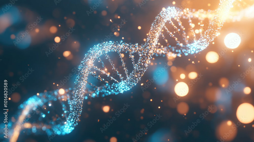 Glowing DNA Helix, a vibrant digital illustration showcasing a luminous double helix with blue lights and a bokeh effect, representing biotechnology and genetics